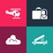 Set pop art Passenger ladder, Cloud weather, Suitcase and Helicopter icon. Vector