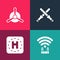 Set pop art Router and wi-fi signal, Helicopter landing pad, Marshalling wands and Plane propeller icon. Vector