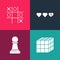 Set pop art Rubik cube, Chess, Hearts for game and Tic tac toe icon. Vector