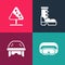 Set pop art Ski goggles, Hockey helmet, Waterproof rubber boot and Road sign avalanches icon. Vector