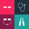 Set pop art Sport expander, Eyeglasses, Stethoscope and icon. Vector