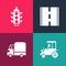 Set pop art Tractor, Delivery cargo truck, Road and Traffic light icon. Vector