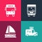 Set pop art TV News car, Yacht sailboat, Delivery cargo truck and Bus icon. Vector