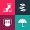 Set pop art Umbrella, School backpack, Leaf or leaves and Waterproof rubber boot icon. Vector