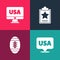 Set pop art USA Independence day, American Football ball, and on monitor icon. Vector