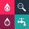 Set pop art Water tap, Defrosting, Chemical formula for H2O and Recycle clean aqua icon. Vector