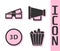 Set Popcorn in box, 3D cinema glasses, 3D word and Megaphone icon. Vector