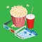 Set popcorn, drink, 3d glasses realistic vector isometric illustration. Cinema concept with movie theatre elements. Flat