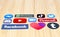 Set of popular social media logos on wooden background