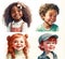 Set of portraits of cute little kids with curly hair smiling and looking at camera