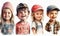 Set of portraits happy children, smiling and looking at camera, close-up, boys and girls in the cap, isolated on white