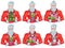 Set with positive attractive aged man wearing Santa Claus costume, beard and stylish hair holding gifts and conifer