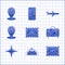 Set Postal stamp and Egypt pyramids, Globe with flying plane, Mountains, Suitcase for travel stickers, Wind rose, Map