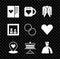 Set Postcard with heart, Coffee cup and, Suit, Location, Cake plate, Woman dress, Family photo and Wedding rings icon