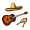 Set for poster mexican carnival. Guitar, maracas and sombrero.