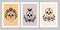 Set poster of skull magic symbols esoteric witch tattoos with crescent moon, rose flower, branch of leaves, star.