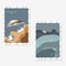 Set of posters with  minimalist landscape design. Seascape with mountains, sand, water