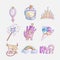 Set of princess and little girls cute fashion icon. Lovely vector set of hand drawn princess elements - tiara, cosmonaut
