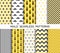 Set of printable vector male seamless patterns. Black and yellow neckties, mustaches, chevron