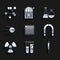 Set Processor, Test tube and flask chemical laboratory, Syringe, Magnet, Radioactive, Satellite, and Molecule icon