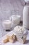 Set of products brie, blue cheese, cottage cheese and milk