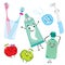 A set of products for the care of teeth and oral cavity. Dental floss, toothpaste, toothbrushes, mouthwash, drill and apples. Stom