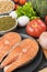 A set of products for a flexible diet close-up. Salmon, vegetables and cereals