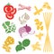 Set products. Seamless pattern. Pasta and vegetables.