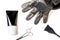 Set of professional black hairdresser tools for coloring hair - bleach brush, bowl, scissors, gloves and tube of coloring stuff,