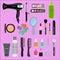 Set of professional cosmetics, beauty tools and products: hairdryer, mirror, makeup brushes, shadows, lipsticks