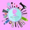 Set of professional cosmetics, various beauty tools and products: hairdryer, mirror, makeup brushes, shadows, lipstick