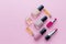 Set of professional decorative cosmetics, makeup tools and accessory on pink background. beauty, fashion and