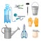 Set professional garden tools on white background in flat style. Kit sprayer, street lamp, gloves, bucket, watering can, pruner,