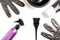 Set of professional hairdresser tools for coloring hair - bleach brush, bowl, spray, gloves and tube of coloring stuff,