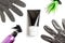 Set of professional hairdresser tools for coloring hair - bleach brush, bowl, spray, gloves and tube of coloring stuff,