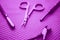 Set of professional manicure tools on white table. Violet tone