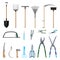 Set of professional tools care garden isolated on white background in flat style. Collection secateur, shovel, pitchfork, broom,