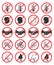 Set of prohibiting icons. No cough, no handshake, no runny nose, no fever, no virus