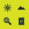 Set Project management, Barrel oil, Magnifying glass and dollar and Mountains icon. Vector