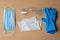 Set of protective eqipment agains viruses - wet wipe, chirurgical mask, gloves and glasses