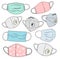 Set of protective face masks and respirators. Cute cartoon  illustration, isolated. Blue, pink, grey and aqua colors