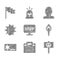 Set Protest, Police assault shield, Peace, Torch flame, badge, Hand grenade, Vandal and Location marker icon. Vector