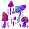 Set psychedelic artistic abstract trippy mushrooms, white background.