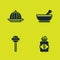 Set Pudding custard, Jar of sugar, Lollipop and Mortar and pestle icon. Vector