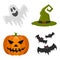 Set with pumpkin, ghost, bats and witch hat on white background. Helloween. For gift paper, textiles, clothes, social networks,