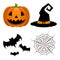 Set with pumpkin, spider web, bats and witch hat on white background. Helloween. For gift paper, textiles, clothes, social