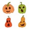 Set of pumpkin of various shapes and colors with funny faces. Halloween elements. Vector illustration in hand drawn