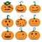 Set of pumpkins for Halloween. Happy Holidays Halloween, Cartoon pumpkin collection of face show, style, various faces on white.