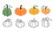 A set of pumpkins in various shapes, black outlined and colored. Vector collection of cute hand drawn pumpkins on white background