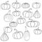 Set of pumpkins of various shapes, doodle vegetable harvest, coloring page on the autumn theme